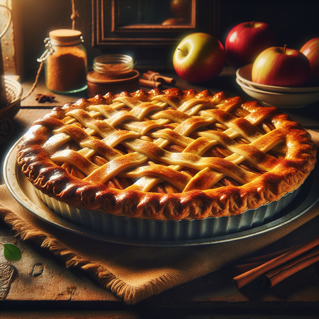 Golden brown classic apple pie with lattice crust on a rustic kitchen counter