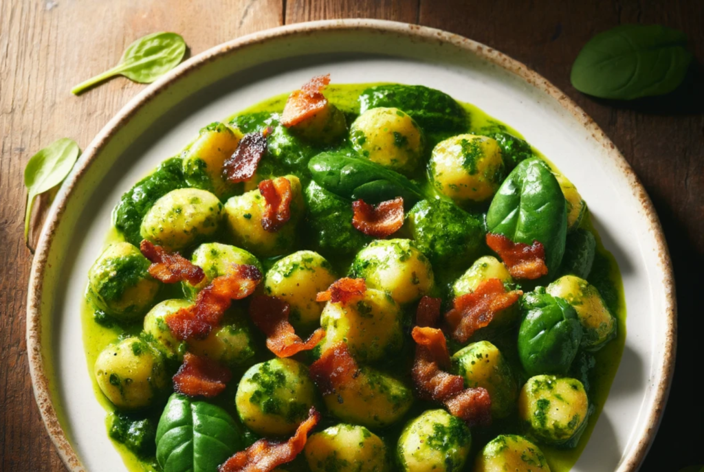 Spinach Pesto Gnocchi with Crispy Bacon