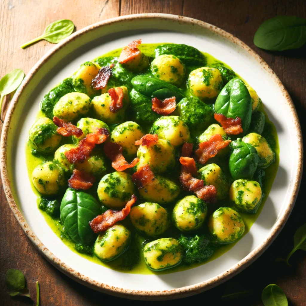 Spinach Pesto Gnocchi with Crispy Bacon