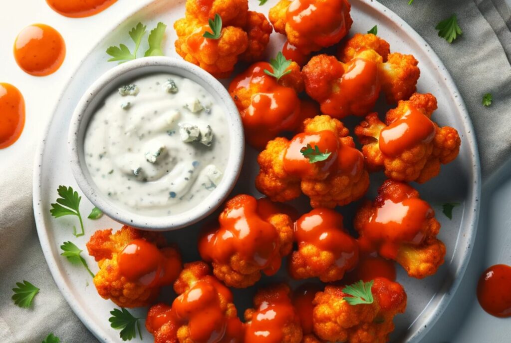 Buffalo Cauliflower Bites with Blue Cheese Sauce