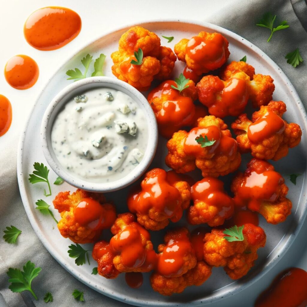 Buffalo Cauliflower Bites with Blue Cheese Sauce