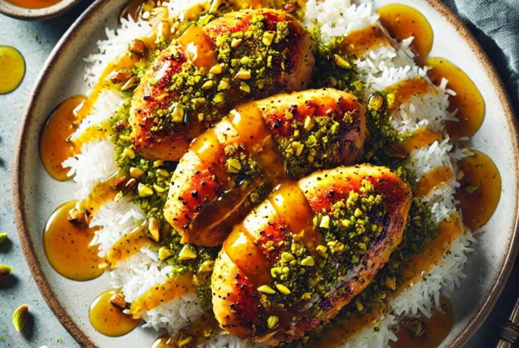 Pistachio-Crusted Chicken with Honey Mustard Sauce and Rice