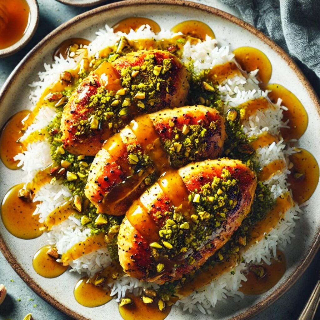 Pistachio-Crusted Chicken with Honey Mustard Sauce and Rice