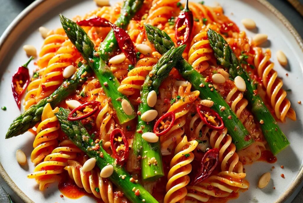 Garlic, Chilli & Cream Fusilloni with Asparagus