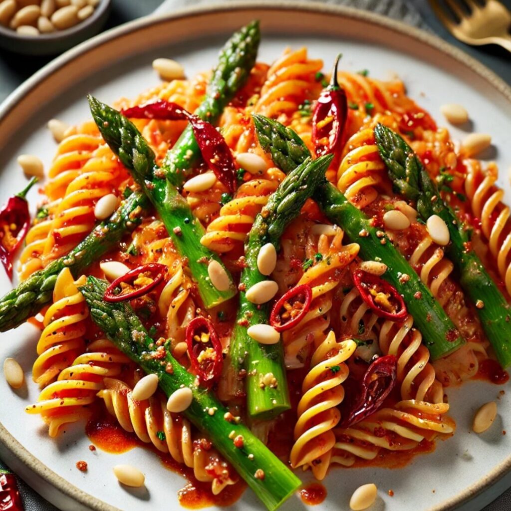 Garlic, Chilli & Cream Fusilloni with Asparagus