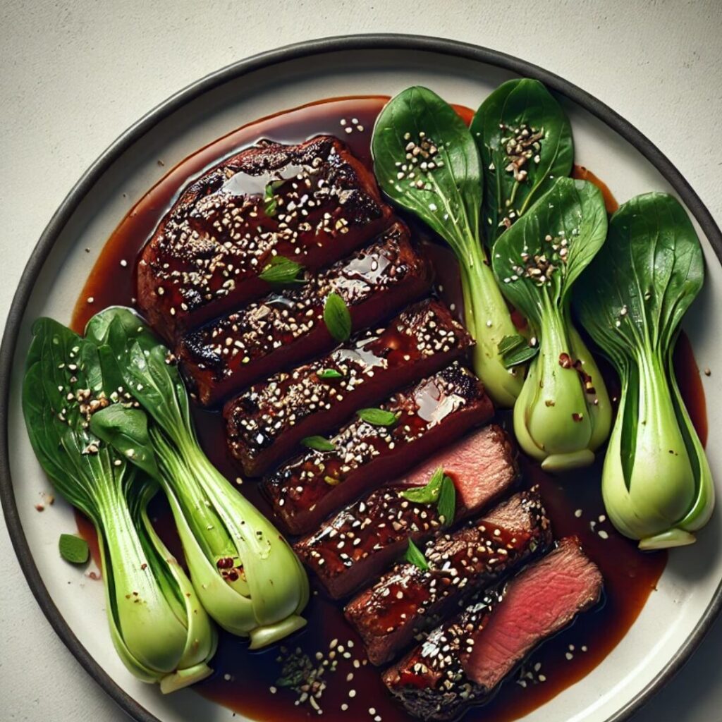 Sticky Black Pepper Steak with Pak Choi